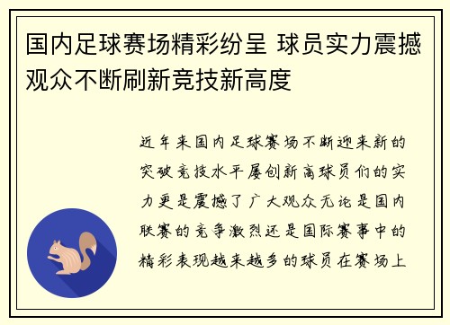 国内足球赛场精彩纷呈 球员实力震撼观众不断刷新竞技新高度