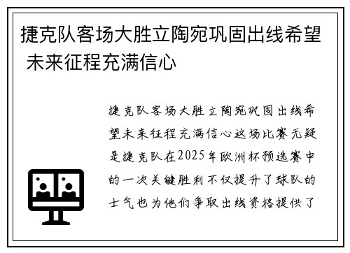 捷克队客场大胜立陶宛巩固出线希望 未来征程充满信心